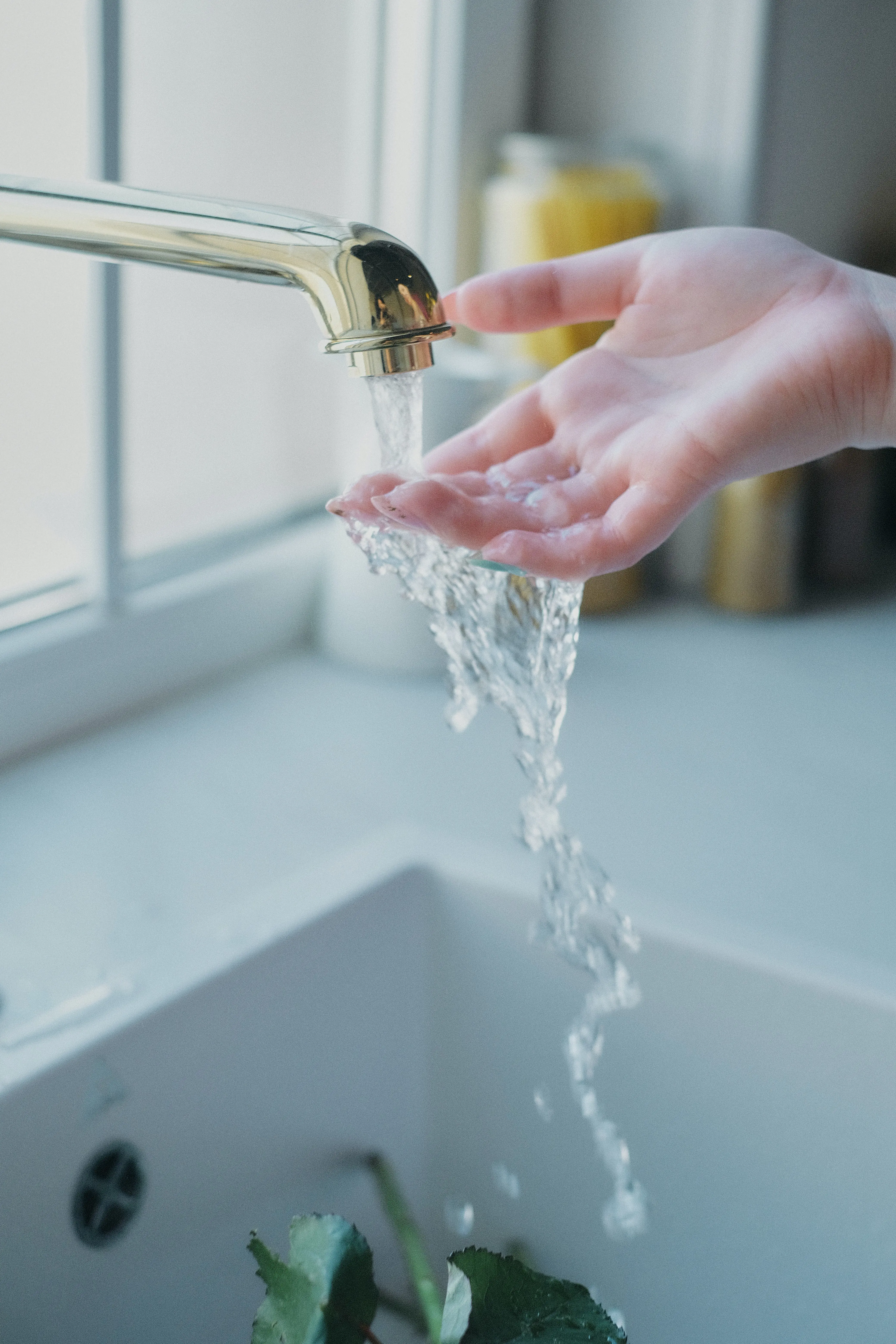 A close-up of a hand underneath a running tap in a kitchen